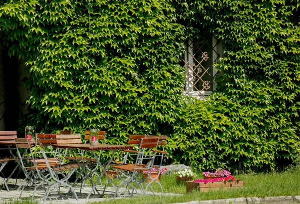 Régi ház, zöld túlnőtt borostyán és kávézó asztalok — Stock Fotó