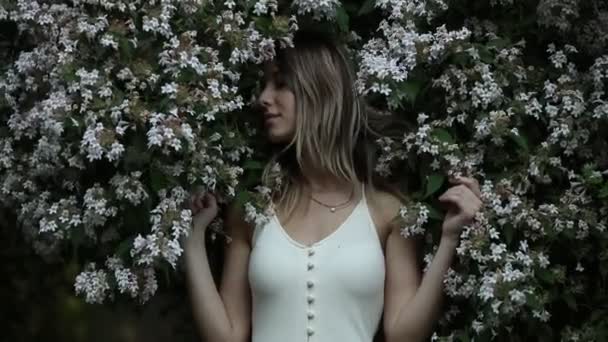 Mujer Estilo Cerca Del Árbol Floreciente Jardín Primavera — Vídeos de Stock