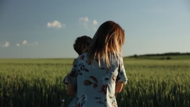 Liten Pojke Kramar Mamma Ett Vetefält — Stockvideo