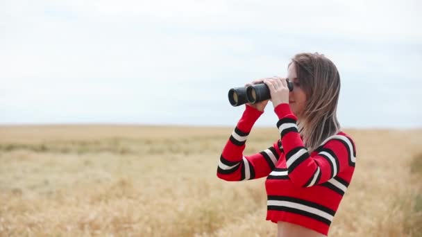 Молода Жінка Червоному Светрі Біноклями Пшеничному Полі — стокове відео