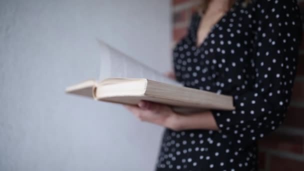 Mujer en sombrero con libro sobre fondo de pared de ladrillo — Vídeo de stock