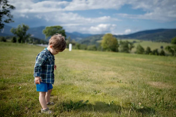 Menino criança ficar em um prado em uma montanha — Fotografia de Stock