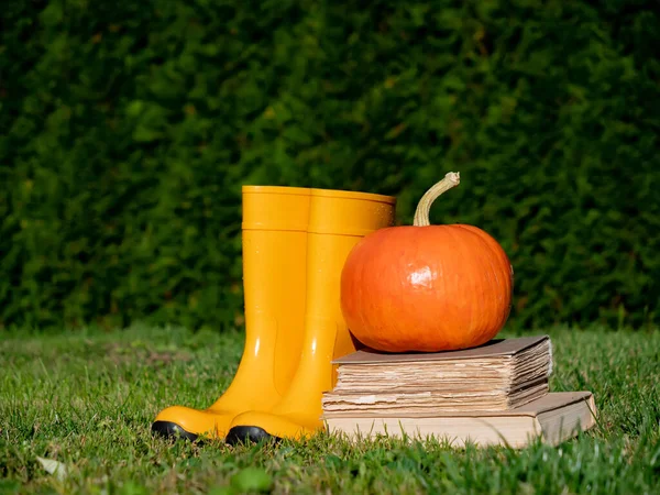 Pompoen en boeken met rubberen laarzen — Stockfoto