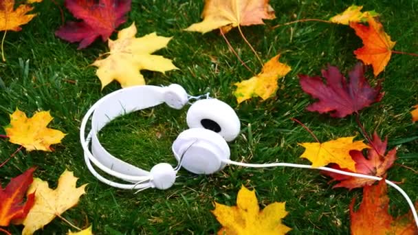 Auriculares Blancos Hojas Arce Sobre Hierba Verde — Vídeo de stock