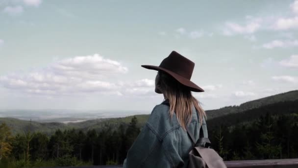 Mulher Chapéu Olhando Para Natureza Floresta Nuvens — Vídeo de Stock