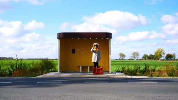 Young Woman Suitcase Bus Stop — Stock Video