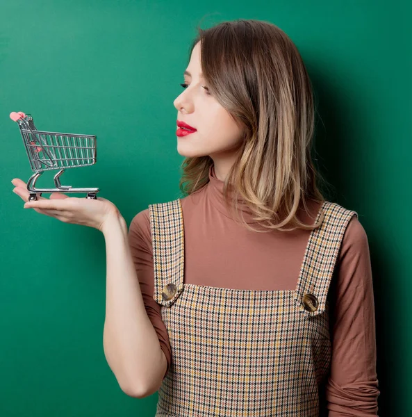 Nő vintage ruha bevásárlókosár zöld háttér — Stock Fotó