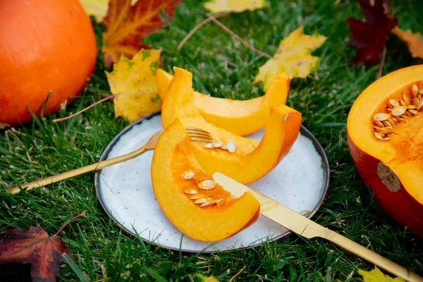 Cut pumpkin on a plate with cutlery on green grass — Stock Photo, Image