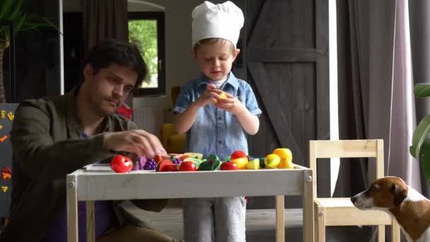 父亲和蹒跚学步的男孩戴着七叶草帽 在室内与塑料蔬菜玩耍 — 图库视频影像