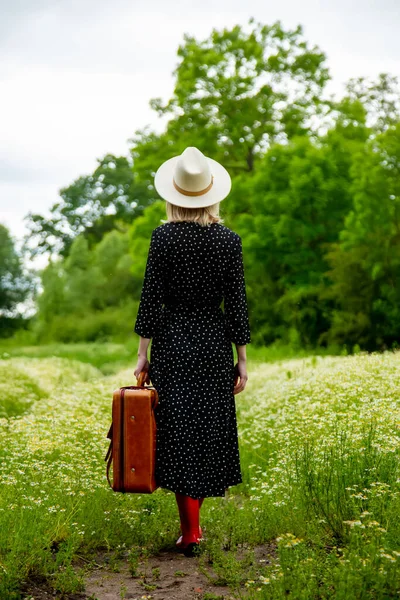 Bavulu Şapkası Papatya Çiçeği Tarlasında Olan Sarışın Kız — Stok fotoğraf