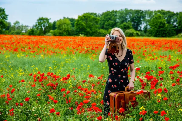 Blonde Girl Beautiful Dress Camera Suitcase Poppies Field Summer Time — Stock Photo, Image