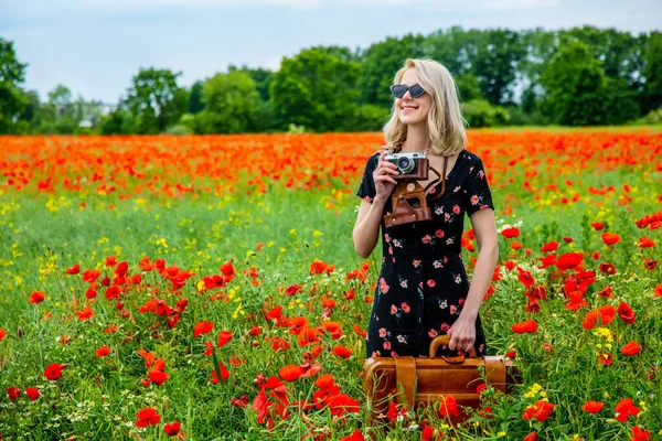 Blonde Girl Beautiful Dress Camera Suitcase Poppies Field Summer Time — Stock Photo, Image