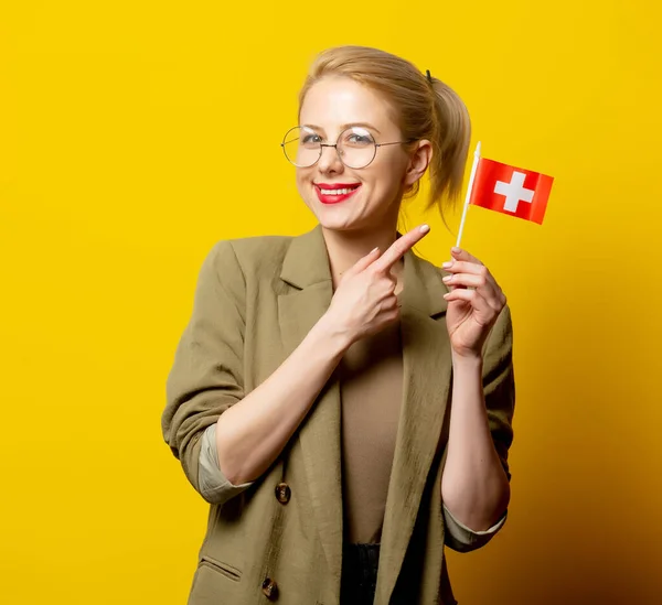 Style Blonde Woman Jacket Swiss Flag Yellow Background — Stock Photo, Image