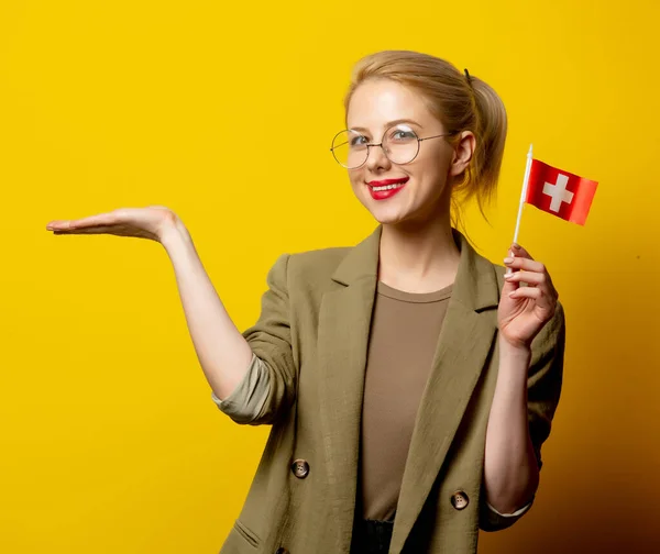 Style Blonde Woman Jacket Swiss Flag Yellow Background — Stock Photo, Image