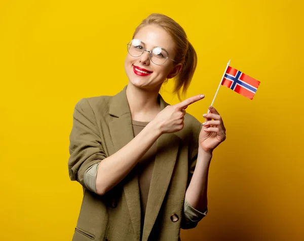 Style Blonde Woman Jacket Norwegian Flag Yellow Background — Stock Photo, Image