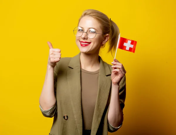 Style Blonde Woman Jacket Swiss Flag Yellow Background — Stock Photo, Image