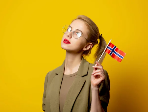 Style Blonde Woman Jacket Norwegian Flag Yellow Background — Stock Photo, Image