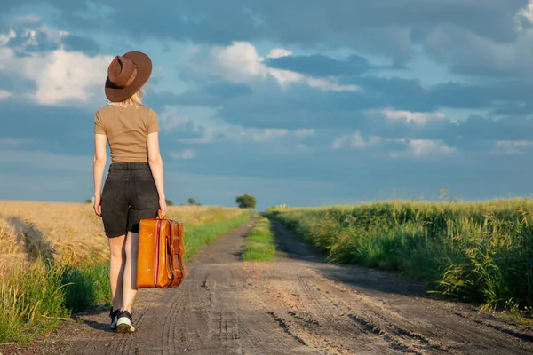 Beautiful Blonde Girl Suitcase Countryside Road Sunset Time — Stock Photo, Image