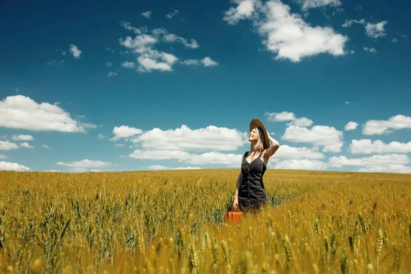 Menina Loira Bonita Com Mala Campo Trigo Dia Ensolarado — Fotografia de Stock