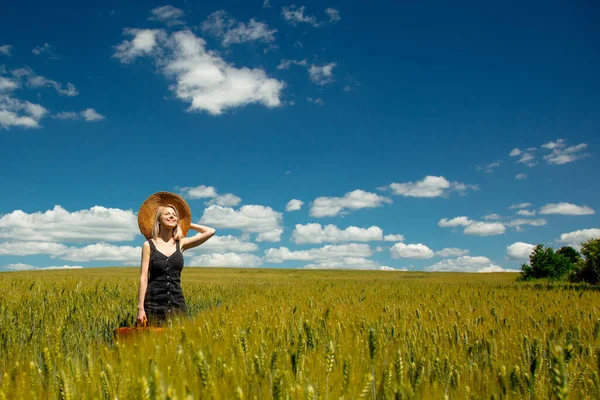 Beautiful Blonde Girl Suitcase Wheat Field Sunny Day — Stock Photo, Image