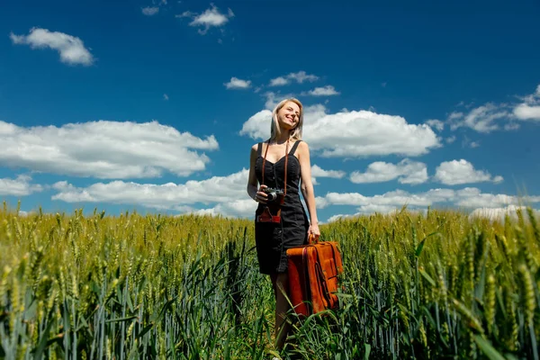 Piękna Blondynka Dziewczyna Walizką Vintage Aparat Fotograficzny Polu Pszenicy Słoneczny — Zdjęcie stockowe