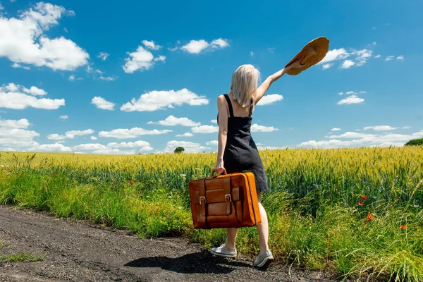 Beautiful Blonde Girl Suitcase Countryside Road Wheat Field — Stock Photo, Image