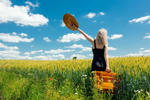 Beautiful Blonde Girl Suitcase Countryside Road Wheat Field — Stock Photo, Image