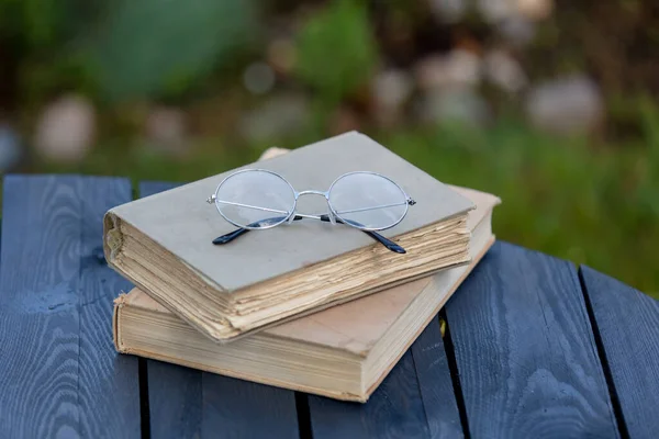 Vintage Books Glasses Wooden Table Spring Time Garden — Stock Photo, Image