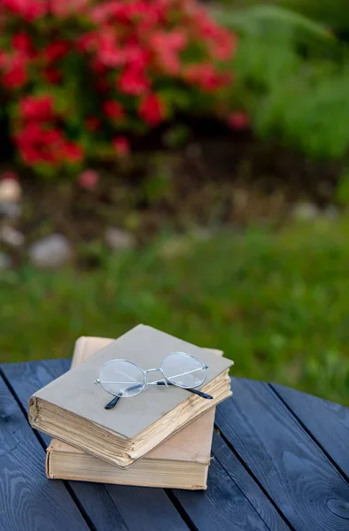 Bahar Zamanı Bahçesinde Eski Kitaplar Bardaklar Ahşap Masada — Stok fotoğraf