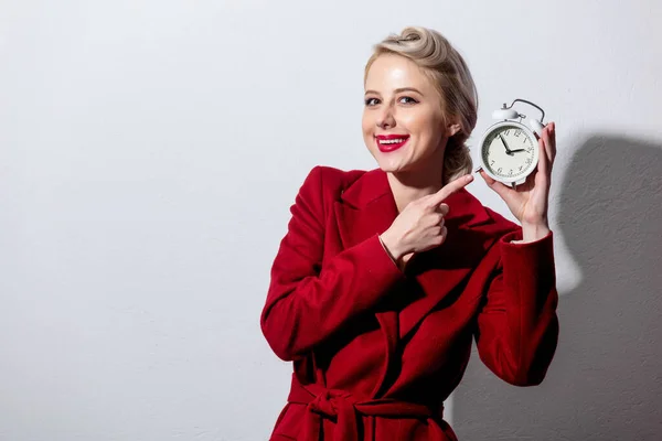 Blonde Girl Red Coat Vintage Hairdress Alarm Clock White Background — Stock Photo, Image