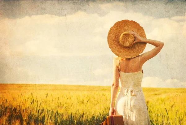 Blode Woman Hat Suitcase Wheat Field Sunset Time — Stock Photo, Image