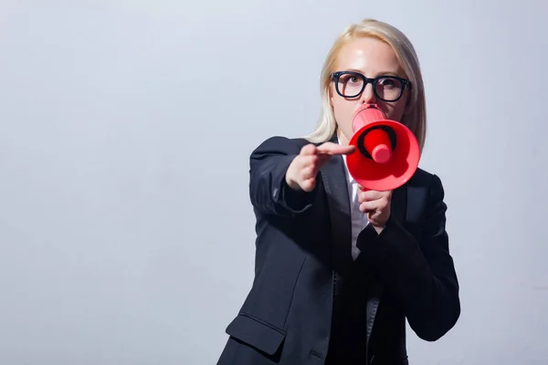 Beautiful Blonde Businesswoman Suit Megaphone Gray Background — Stock Photo, Image