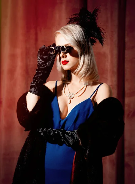 Blonde Woman Vintage Blue Dress Fur Coat Opera Glasses — Stock Photo, Image