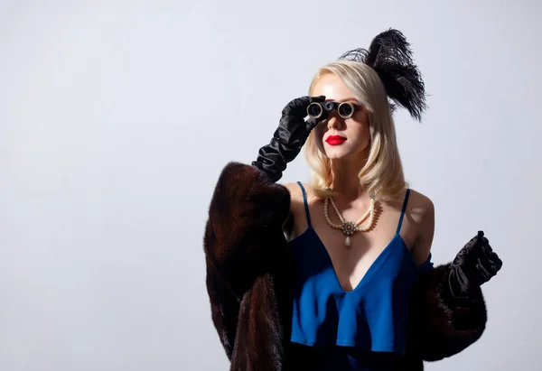 Blonde Woman Vintage Blue Dress Fur Coat Opera Glasses — Stock Photo, Image