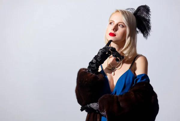 Blonde Woman Vintage Blue Dress Fur Coat Opera Glasses — Stock Photo, Image