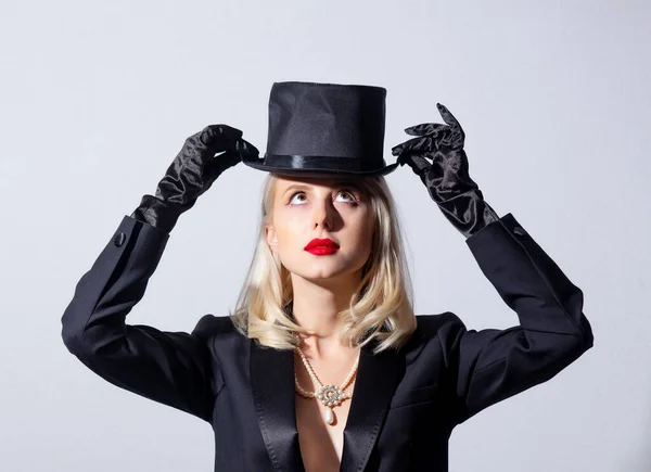 Blonde Woman Vintage Black Jacket Top Hat White Background — Stock Photo, Image
