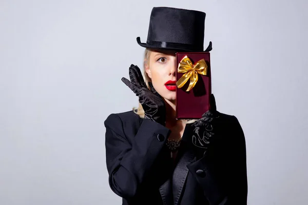 Blonde Woman Black Jacket Top Hat Gift Box White Background — Stock Photo, Image