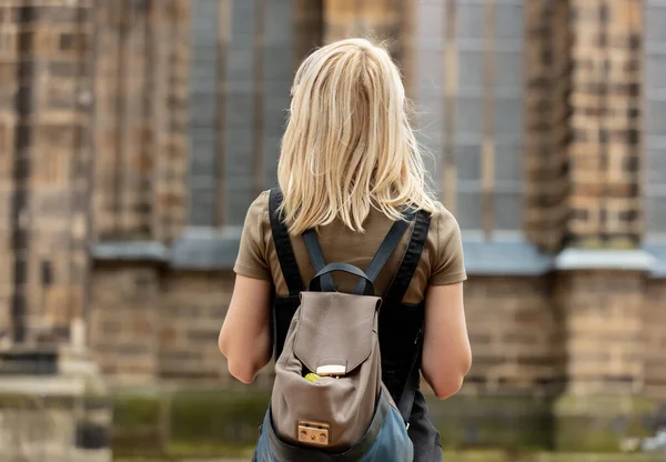 Blonde Woman Stay Medieval Church Europe — Stock Photo, Image