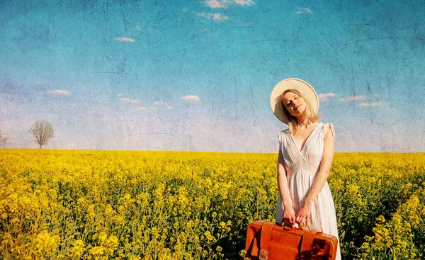 Beautiful Woman Dress Suitcase Rapeseed Field Spring Time — Stock Photo, Image