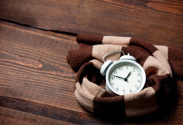 Scarf Alarm Clock Wooden Table — Stock Photo, Image