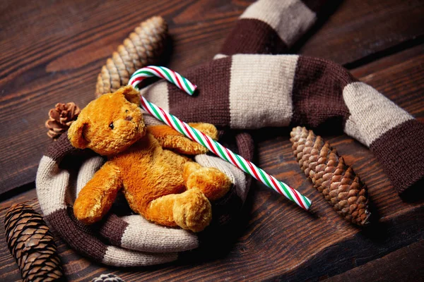 Teddy Bear Candy Cane Scarf Wooden Table — Stock Photo, Image
