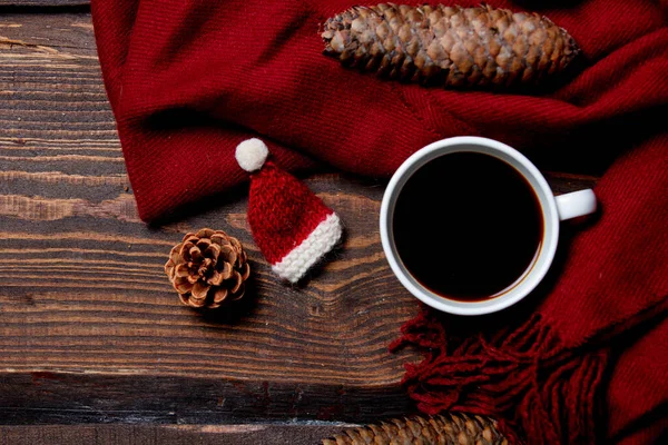 Cup Coffee Red Scarf Santa Claus Hat Pine Cones Wooden — Stock Photo, Image