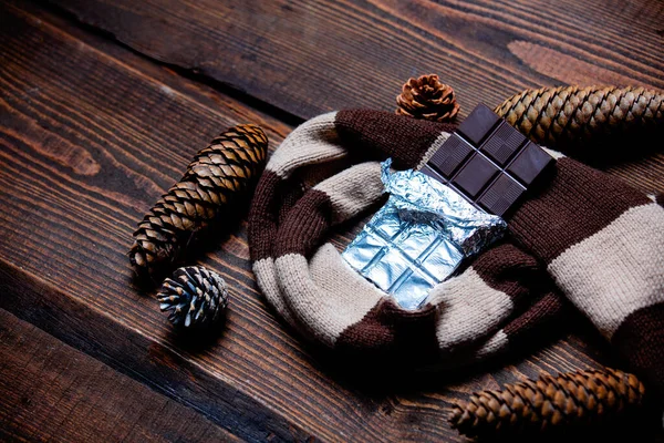 Chocolate Bar Scarf Wooden Table — Stock Photo, Image