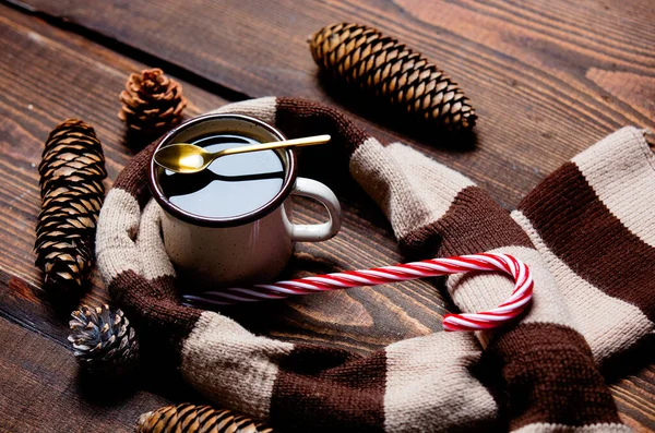 Cup Coffee Candy Cane Scarf Wooden Table — Stock Photo, Image