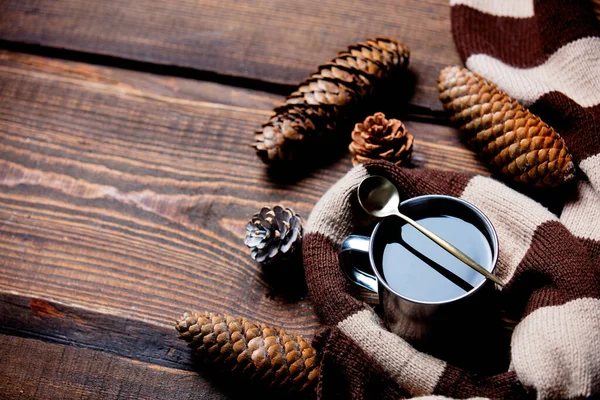 Cup Coffee Scarf Wooden Table — Stock Photo, Image