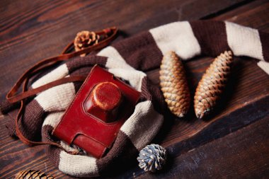 Atkı, çam ağacı konileri ve ahşap masada eski model kamera. 