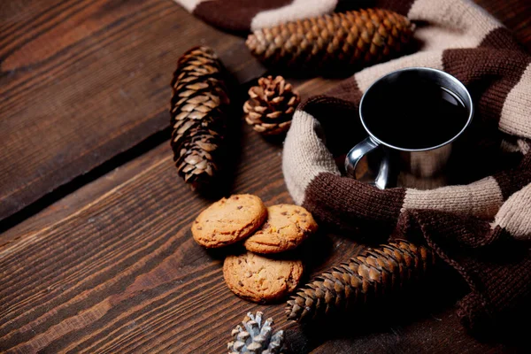 Cup Coffee Cookies Scarf Wooden Table — Stock Photo, Image