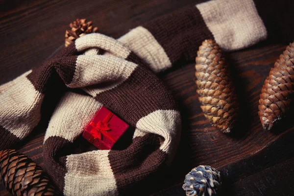 Gift Box Scarf Pine Tree Cones Wooden Table — Stock Photo, Image
