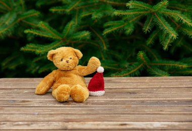 Oyuncak ayı ve Noel şapkası ahşap masanın üstünde. Arka planda ladin dalları var.