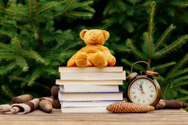 Klasik çalar saat, oyuncak ayı ve arka planda ladin dalları olan ahşap masa üzerindeki kitaplar.